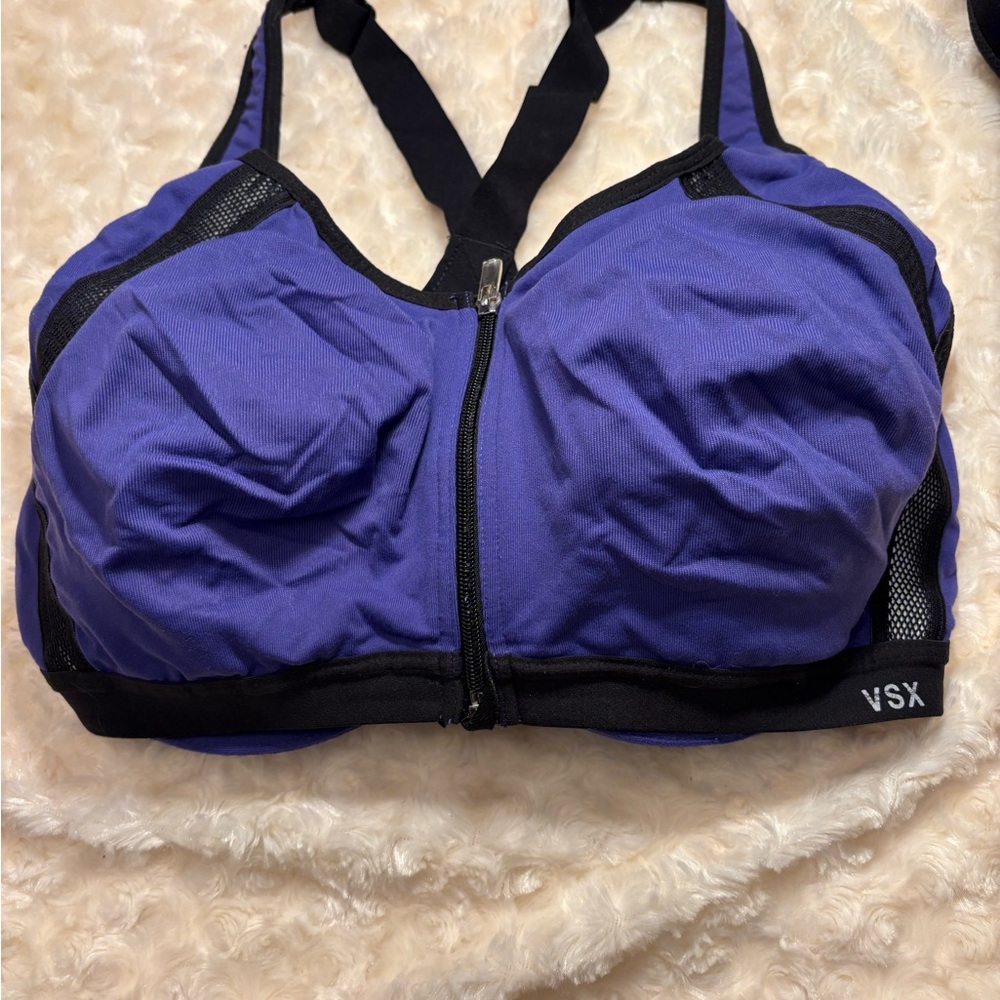 VSX Zip-Front Sports Bra in Purple and Black